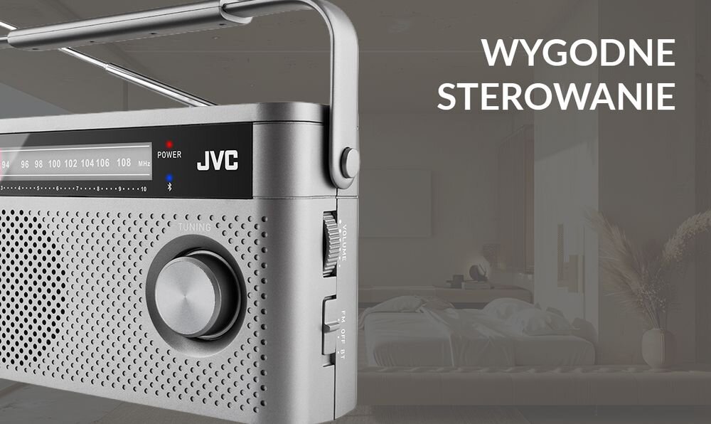 JVC RA-E315G radio FM pokrętła Bluetooth prosta obsługa kuchnia sypialnia działka, radio po skosie na tle pomieszczenia