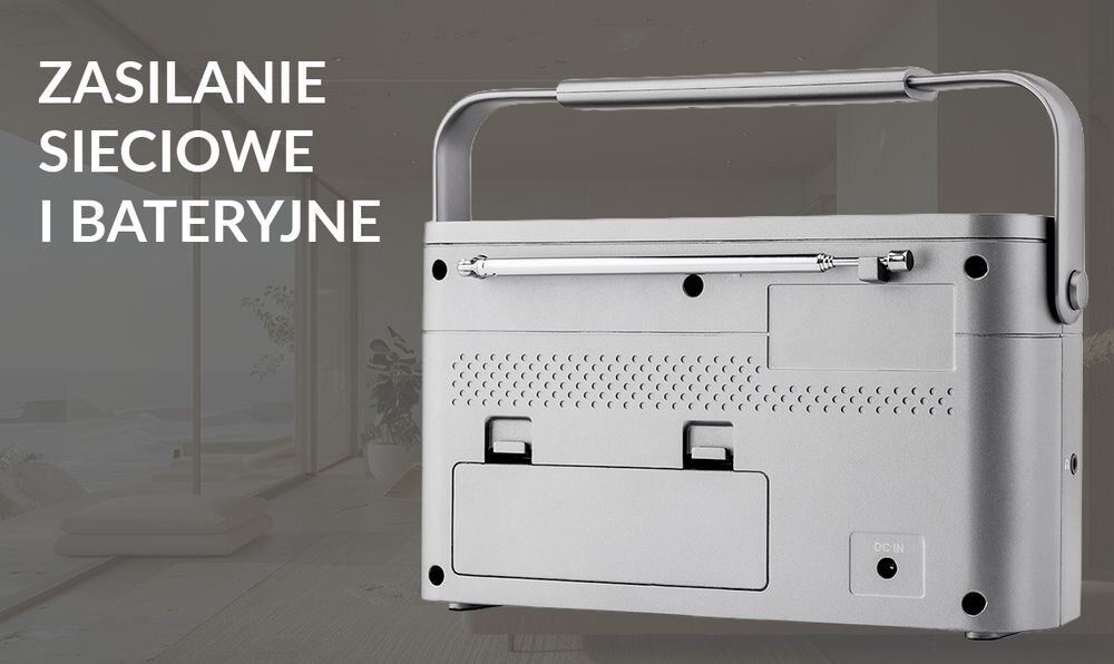 JVC RA-E315G radio FM 4 baterie AA zasilanie sieciowe uchwyt przenośny ogród taras altana, radio od tyłu na tle pomieszczenia