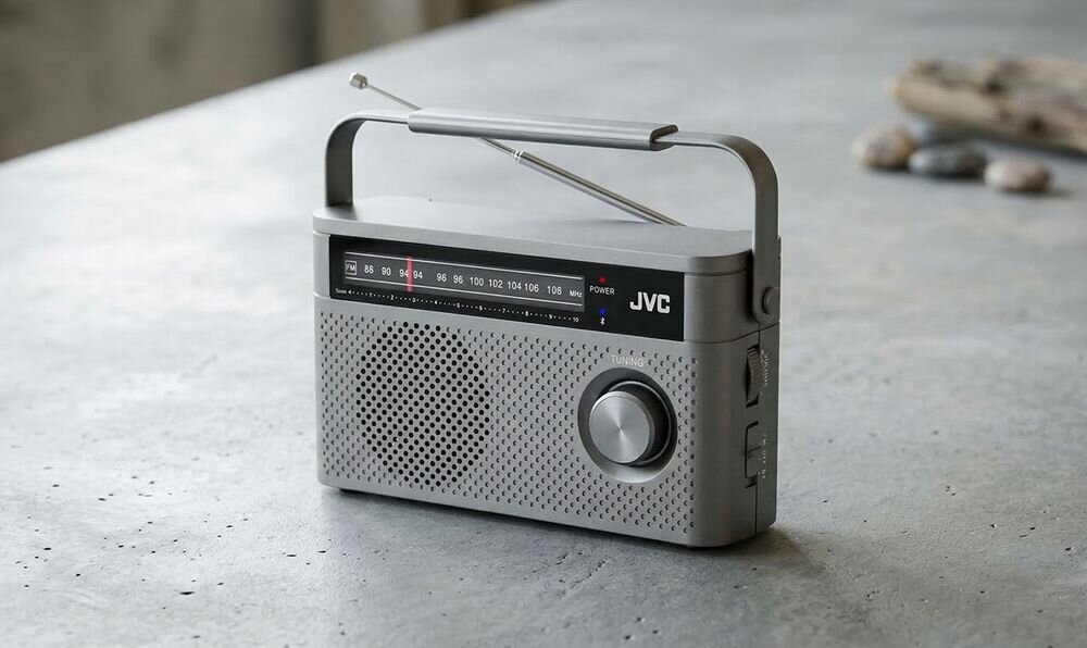 JVC RA-E315G radio FM Bluetooth głośnik 2W wyjście słuchawkowe prywatny odsłuch, radio stojące na blacie w pomieszczeniu
