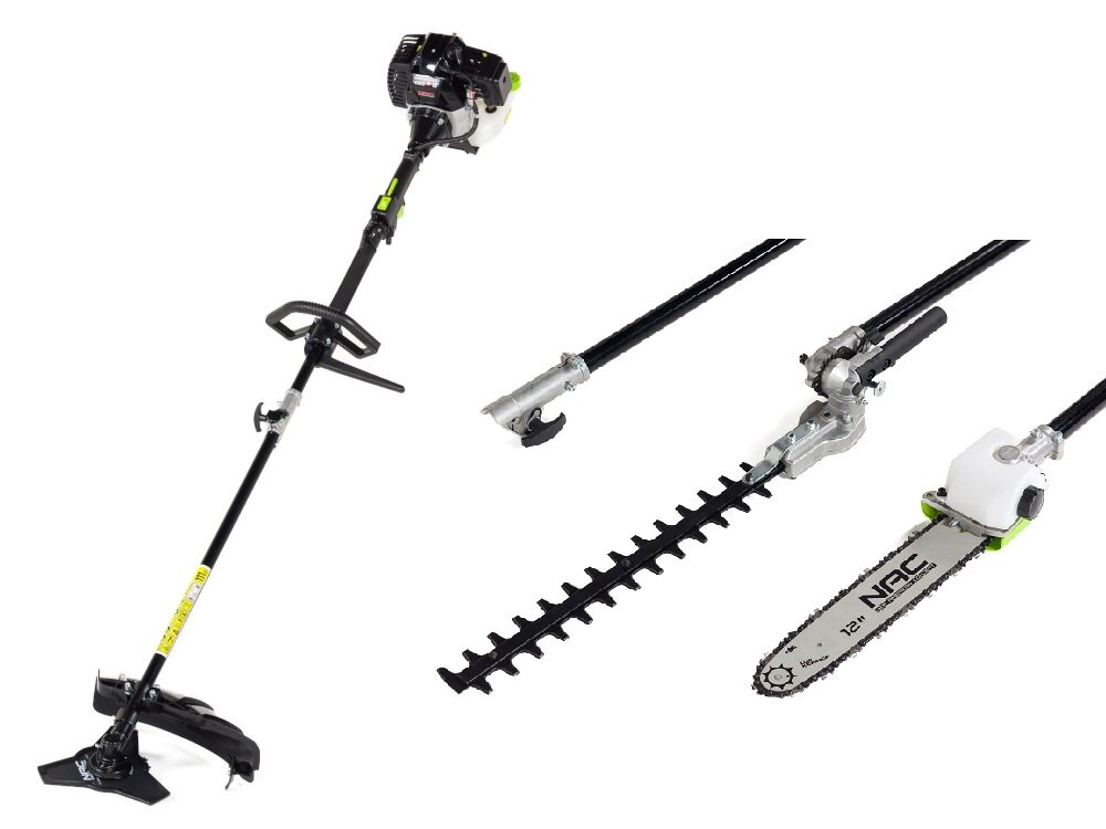 Na obrazie widoczna jest kosa spalinowa z czarnym trzonkiem i uchwytem, a także dwa dodatkowe narzędzia: nożyce do żywopłotu i piła łańcuchowa z logo \'NAC\'.