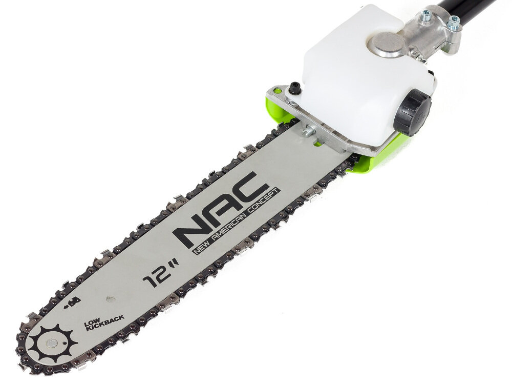 Na zdjęciu widoczna jest część piły łańcuchowej z prowadnicą oznaczoną napisem \'NAC NEW AMERICAN CONCEPT 12\