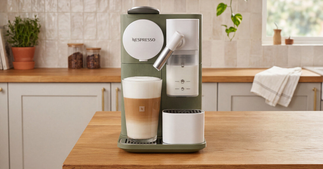 Ekspres do kawy w kolorze szarym z logo \'NESPRESSO\' na przednim panelu, stoi na drewnianym blacie w kuchni. Obok ekspresu znajduje się szklanka z kawą warstwową i biały pojemnik.