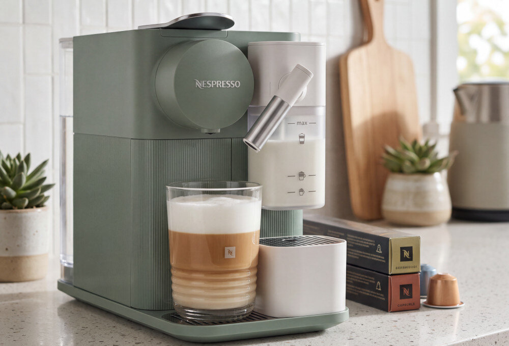 Szary ekspres do kawy z logo \'NESPRESSO\' stoi na blacie kuchennym. Obok ekspresu znajduje się szklanka z kawą, kapsułki oraz pudełka z logo \'NESPRESSO\'.