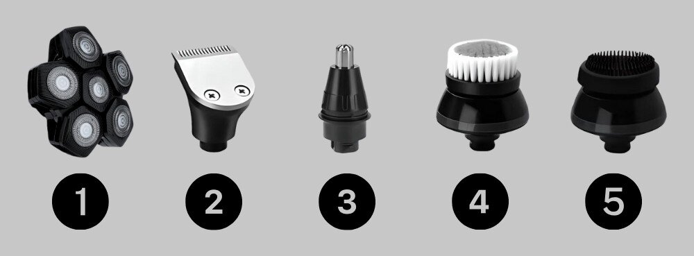 Obraz przedstawia pięć różnych końcówek do golarki, każda oznaczona numerem od 1 do 5 na czarnym tle. Końcówki mają różne kształty i funkcje, w tym głowicę z kilkoma okrągłymi ostrzami, trymer, nasadkę do nosa, szczoteczkę oraz nasadkę do masażu.