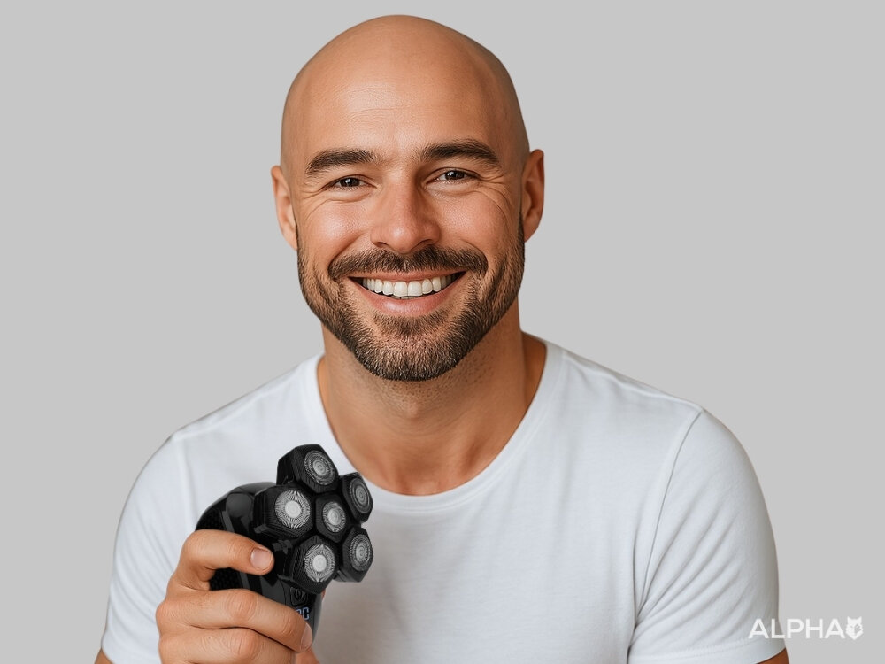 Osoba trzyma w ręku golarkę z kilkoma okrągłymi głowicami. W prawym dolnym rogu widoczne jest logo ALPHA.