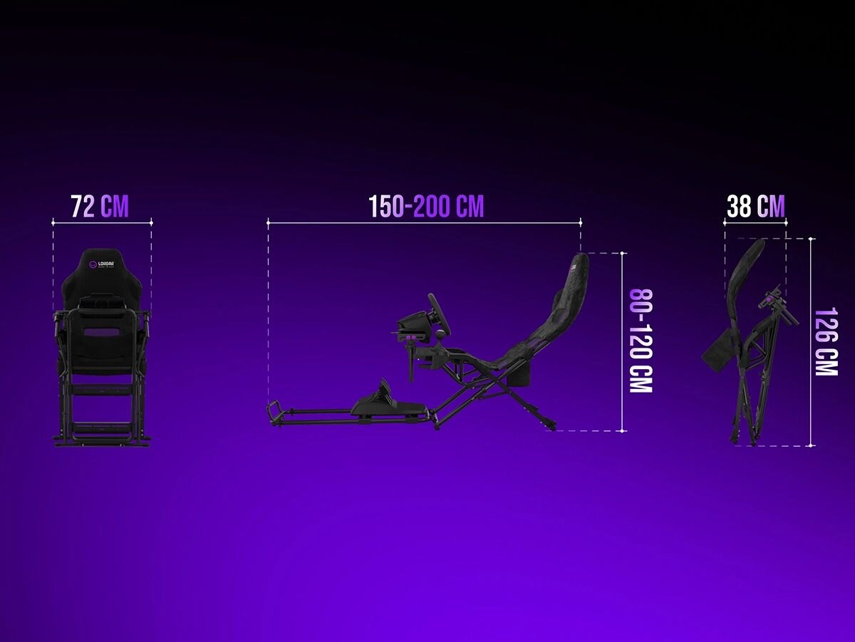 Obraz przedstawia czarny kokpit LORGAR Flex RAF1 z trzema widokami: z przodu, z boku i złożony. Widoczne są wymiary: 72 CM, 150-200 CM, 80-120 CM, 38 CM, 126 CM oraz logo LORGAR.