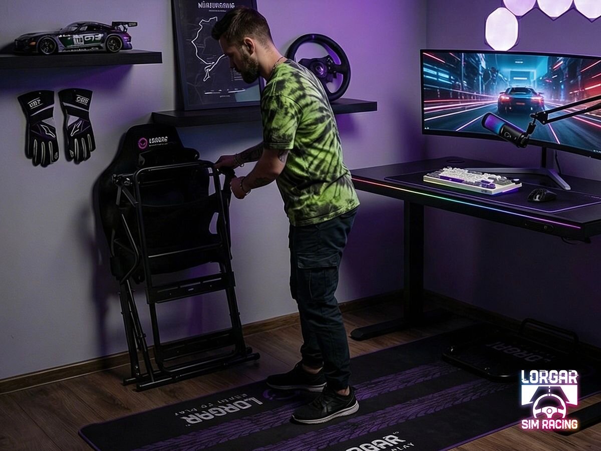 Osoba składa czarny kokpit LORGAR Flex RAF1 w pokoju z zestawem do symulacji wyścigów, w tym monitorem z wyścigową grafiką i kierownicą. Na ścianie widoczne są rękawice i model samochodu, a na podłodze mata z napisem \'LORGAR SIM RACING\'.