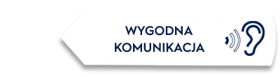Obraz przedstawia ikonę ucha z falami dźwiękowymi oraz tekst \'WYGODNA KOMUNIKACJA\'.