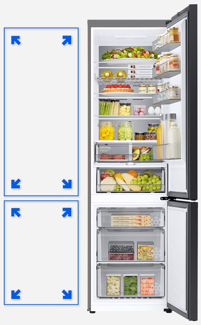 Grafika wyjaśnia w jaki sposób wnętrze chłodziarko-zamrażarki Samsung zwiększyło się dzięki zastosowaniu wydajnej izolacji SpaceMax™ Grafika wyjaśnia w jaki sposób wnętrze chłodziarko-zamrażarki Samsung zwiększyło się dzięki zastosowaniu wydajnej izolacji SpaceMax™