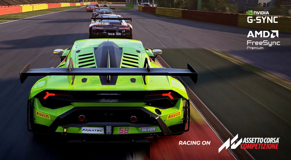 Monitor LG UltraGear 32GX850A-B 32 cale 3840x2160px 165Hz 0.03 ms [GTG] pokazanie działania ścigające się samochody na torze w grze AMD FreeSync Premium G-SYNC redukcja zacięć