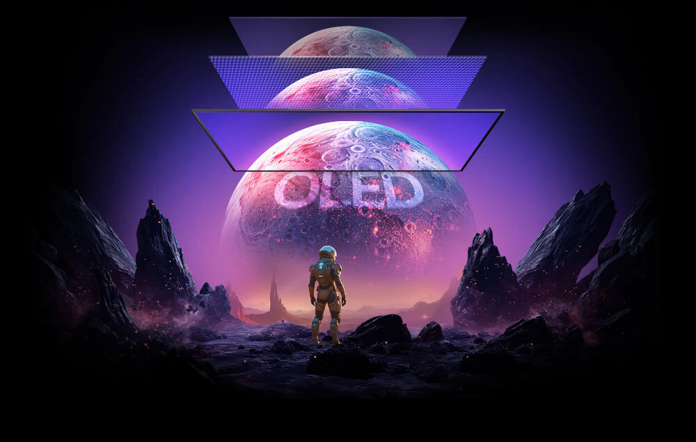 Monitor LG UltraGear 32GX850A-B 32 cale 3840x2160px 165Hz 0.03 ms [GTG] robot stojący na ciemnej skalistej planecie napis OLED warstwy ekranu technologia MLA+, panel OLED, jasność SDR, wydajność światła