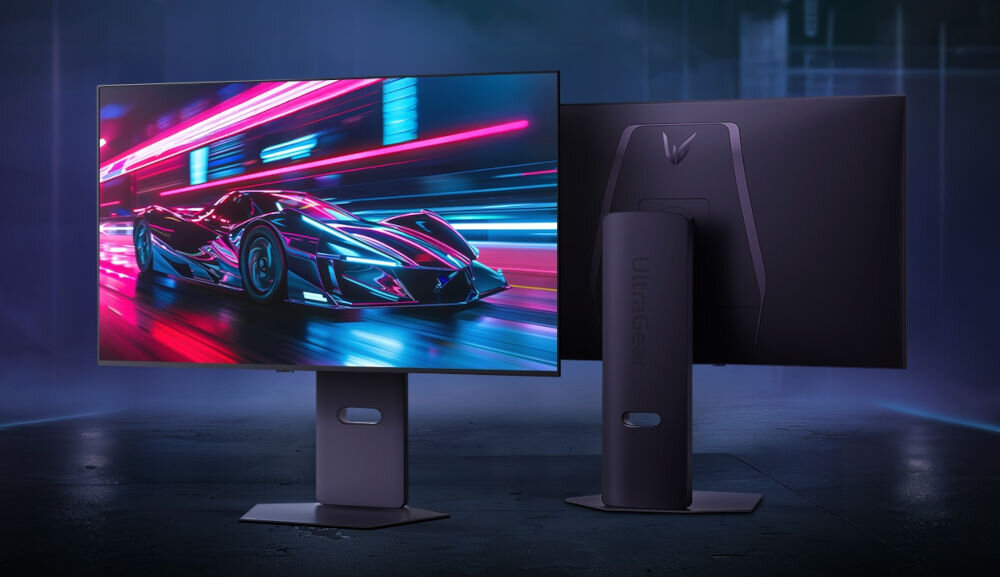 Monitor LG UltraGear 32GX850A-B 32 cale 3840x2160px 165Hz 0.03 ms [GTG] prezentacja monitora od przodu i tyłu na ciemnym tle Low Blue Light Platinum, ochrona wzroku, certyfikat UL, naturalne kolory