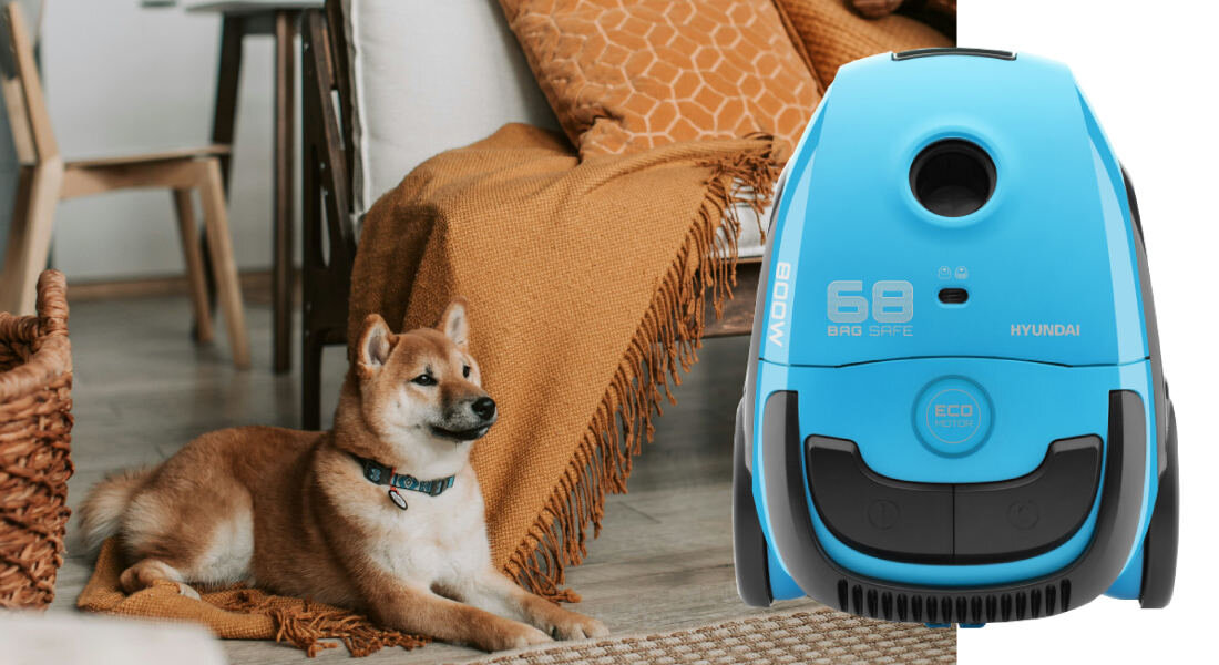 Na obrazie widoczny jest niebieski odkurzacz z napisem \'HYUNDAI\' oraz \'68 BAG & HEPA\'. Obok odkurzacza leży pies na pomarańczowym kocu w domowym wnętrzu.