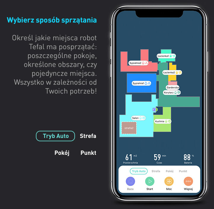 Obraz przedstawia ekran smartfona z aplikacją do zarządzania robotem sprzątającym, pokazującą mapę pomieszczeń z oznaczeniami takimi jak \'Sypialnia1\', \'Łazienka1\', \'Salon\'. Obok znajduje się tekst: \'Wybierz sposób sprzątania. Określ jakie miejsca robot Tefal ma posprzątać: poszczególne pokoje, określone obszary, czy pojedyncze miejsca. Wszystko w zależności od Twoich potrzeb!\'