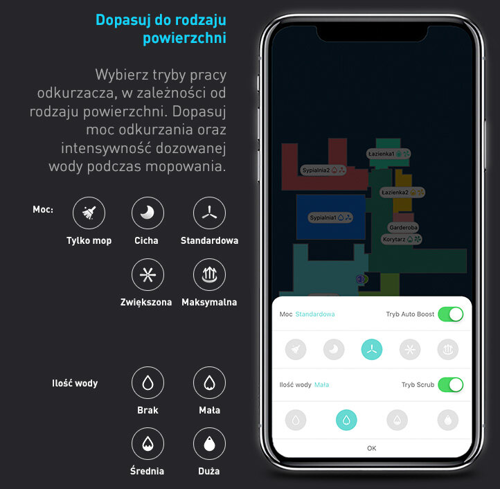 Obraz przedstawia ekran smartfona z aplikacją do zarządzania robotem sprzątającym, pokazującą mapę pomieszczeń i opcje ustawień mocy oraz ilości wody. Po lewej stronie widoczne są ikony trybów pracy i ilości wody z opisami: \'Tylko mop\', \'Cicha\', \'Standardowa\', \'Zwiększona\', \'Maksymalna\', \'Brak\', \'Mała\', \'Średnia\', \'Duża\'.