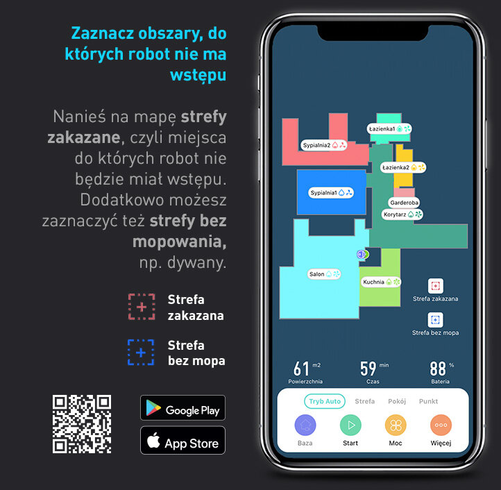 Obraz przedstawia ekran smartfona z aplikacją do zarządzania robotem sprzątającym, pokazującą mapę pomieszczeń z oznaczeniami stref zakazanych i bez mopa. Obok znajduje się tekst: \'Zaznacz obszary, do których robot nie ma wstępu\', oraz ikony Google Play i App Store.