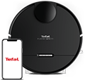 Czarny robot sprzątający o okrągłym kształcie z widocznym logo \'Tefal\' i napisem \'X-Plorer Serie 95\'. Obok znajduje się smartfon z wyświetlonym logo \'Tefal\'.