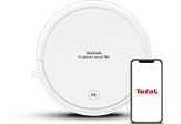 Na obrazie widoczny jest biały robot sprzątający z napisem \'Tefal X-plorer Serie 95\' oraz smartfon z logo \'Tefal\' na ekranie.