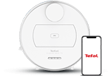 Biały robot sprzątający o okrągłym kształcie z widocznym logo \'Tefal\' oraz smartfon z wyświetlonym napisem \'Tefal\'.