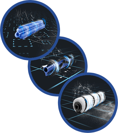 Obraz przedstawia trzy niebieskie szczotki w kształcie walca, każda z nich jest pokazana w osobnym okręgu na ciemnym tle z delikatnymi liniami i wzorami. Szczotki wydają się być w ruchu, co sugeruje efekt czyszczenia.
