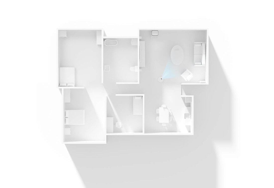 Plan mieszkania z widocznymi pomieszczeniami, w jednym z nich znajduje się okrągły obiekt emitujący niebieskie światło. Pomieszczenia są umeblowane, widać m.in. łóżka, stół i sofę.