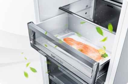 Otwarta szuflada lodówki z przezroczystym frontem, w której znajduje się kawałek łososia na białej tacy. Wokół unoszą się zielone liście, a na szufladzie widoczny jest napis \'Cool Fresh\'.