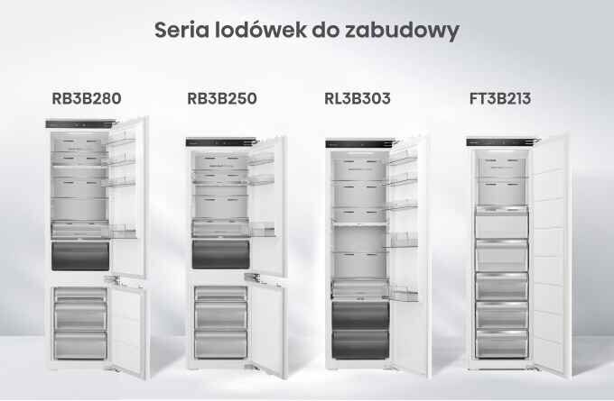 Obraz przedstawia cztery modele lodówek do zabudowy z otwartymi drzwiami, oznaczone jako RB3B280, RB3B250, RL3B303 i FT3B213. Nad lodówkami widnieje napis \'Seria lodówek do zabudowy\'.