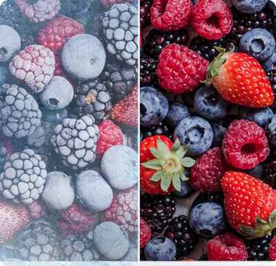 Obraz przedstawia porównanie zamrożonych i świeżych owoców, takich jak truskawki, maliny, jeżyny i borówki. Po lewej stronie owoce są pokryte szronem, a po prawej są świeże i soczyste.