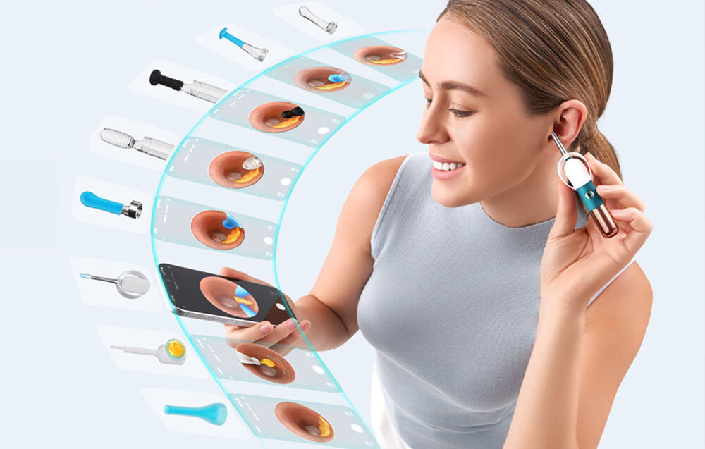 Otoskop z kamerą BEBIRD Earsight Ultra Niebieski Różne końcówki w zestawie osoba usuwa woskowine prezentacja końcówek zdjęcie lifestyle Łyżeczki o różnej twardości preferencje jednorazowe końcówki gąbkowe do tłustej woskowiny końcówki klejące do drobnych zanieczyszczeń