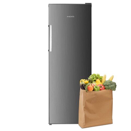 Zamrażarka, obok papierowa torba wypełniona owocami i warzywami.