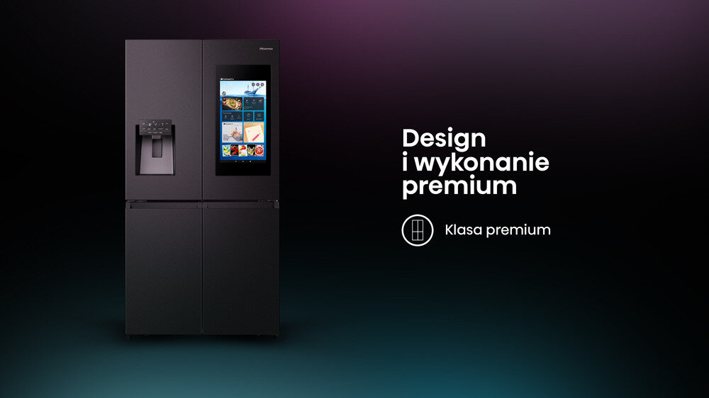 Czarna lodówka z ekranem TFT i kostkarką, obok napis \'Design i wykonanie premium\' oraz ikona z napisem \'Klasa premium\'.
