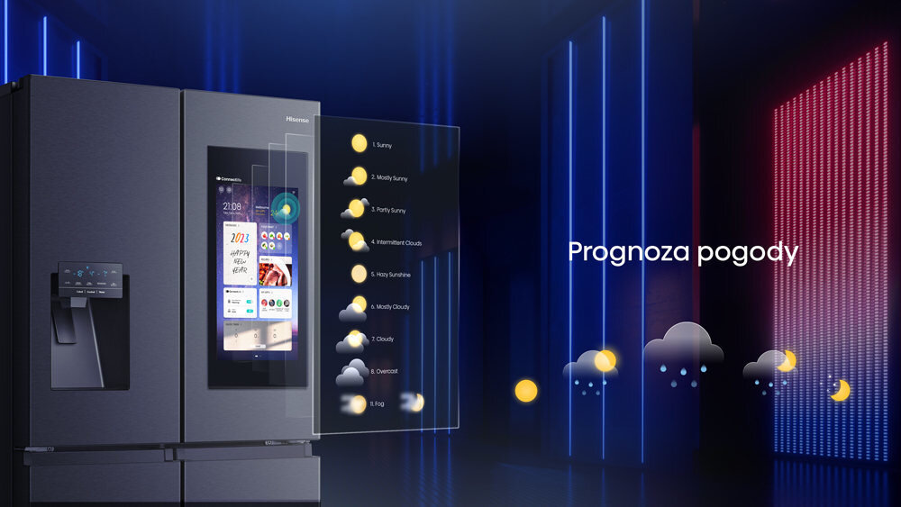 Czarna lodówka z ekranem TFT wyświetlającym prognozę pogody i inne aplikacje. Obok widoczny jest napis \'Prognoza pogody\'.