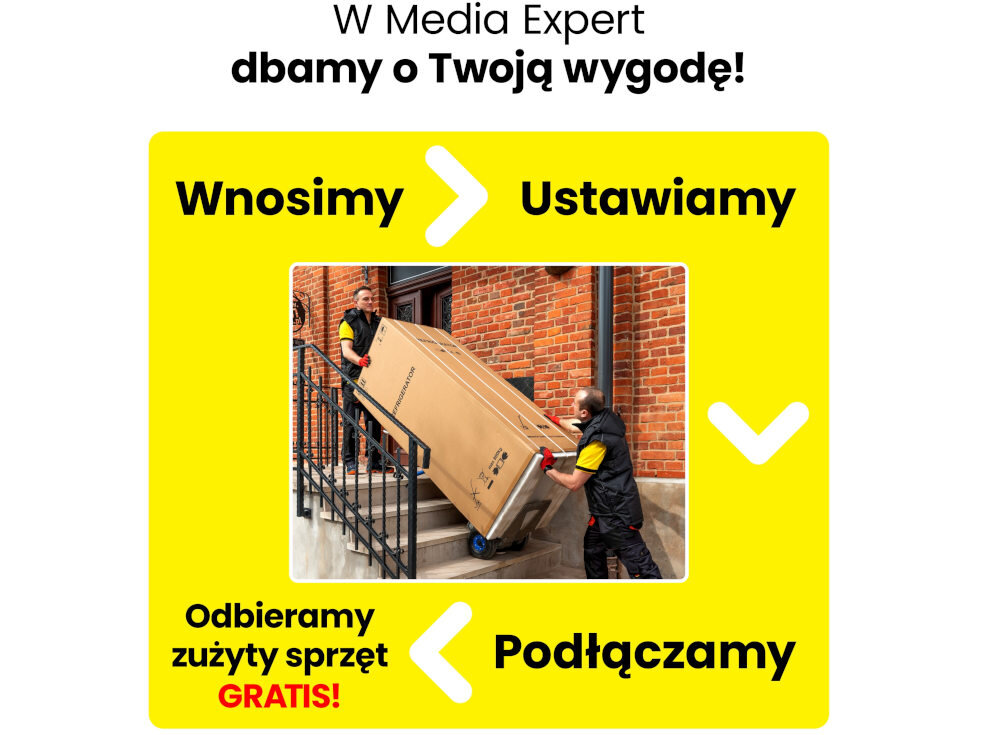 Na obrazie widoczni są dwaj mężczyźni wnoszący duże pudełko po schodach przed budynkiem z cegły. Tekst na obrazie: \'W Media Expert dbamy o Twoją wygodę! Wnosimy > Ustawiamy > Podłączamy > Odbieramy zużyty sprzęt GRATIS!\'.