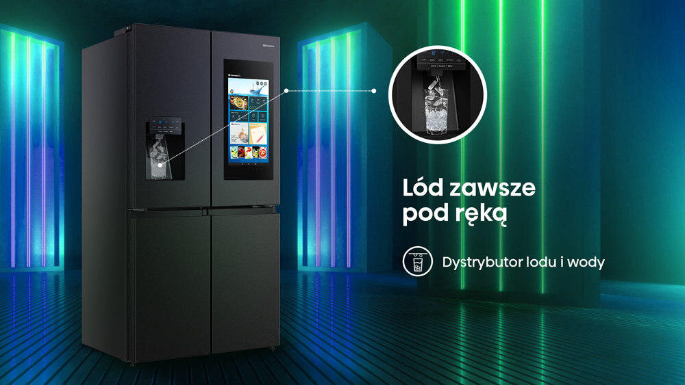 Czarna lodówka z ekranem TFT i dystrybutorem lodu oraz wody. Obok widoczny napis: \'Lód zawsze pod ręką\' oraz ikona dystrybutora lodu i wody.
