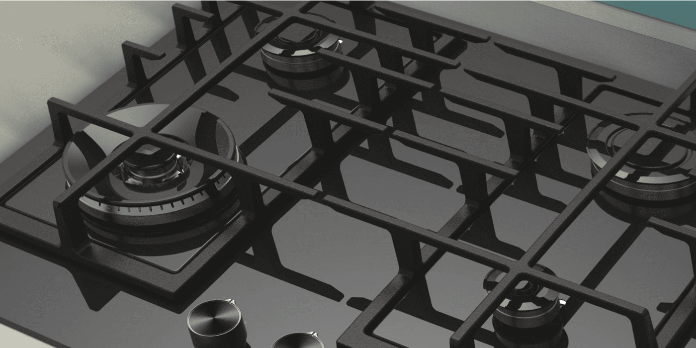 PŁYTA CANDY CVFG6BF4PB lifestyle wizualizacja zbliżenie ruszt palniki Gaz na szkle trwałość i styl odporne na temperatury uszkodzenia zarysowania