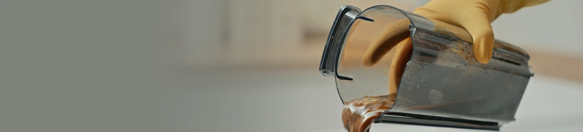 Osoba trzyma w dłoni pojemnik z brudną wodą i wylewa ją po zakończonym zmywaniu