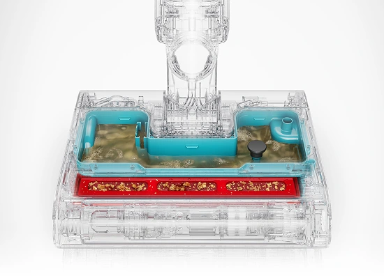 Przekrój elektroszczotki z widocznym zbiornikiem na suche zanieczyszczenia oraz osobnym zbiornikiem na brudną wodę