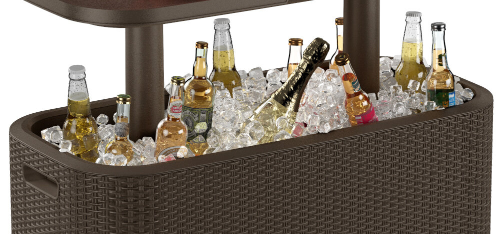 Stolik z tworzywa sztucznego w kolorze antracytowym, wypełniony lodem i butelkami napojów. Górna część stolika jest podniesiona, ukazując wnętrze z lodem.