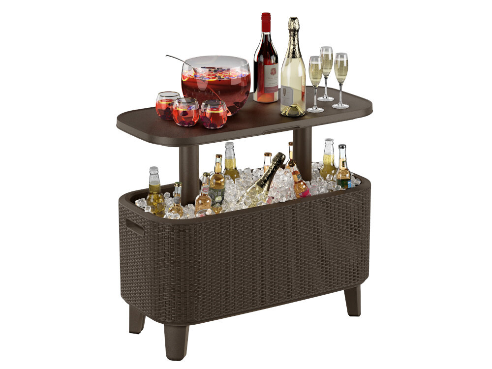 Stolik w kolorze antracytowym z dwoma poziomami, na górnym znajdują się butelki wina i kieliszki, a dolny wypełniony jest lodem i butelkami napojów. Stolik ma plecioną strukturę i cztery nogi.