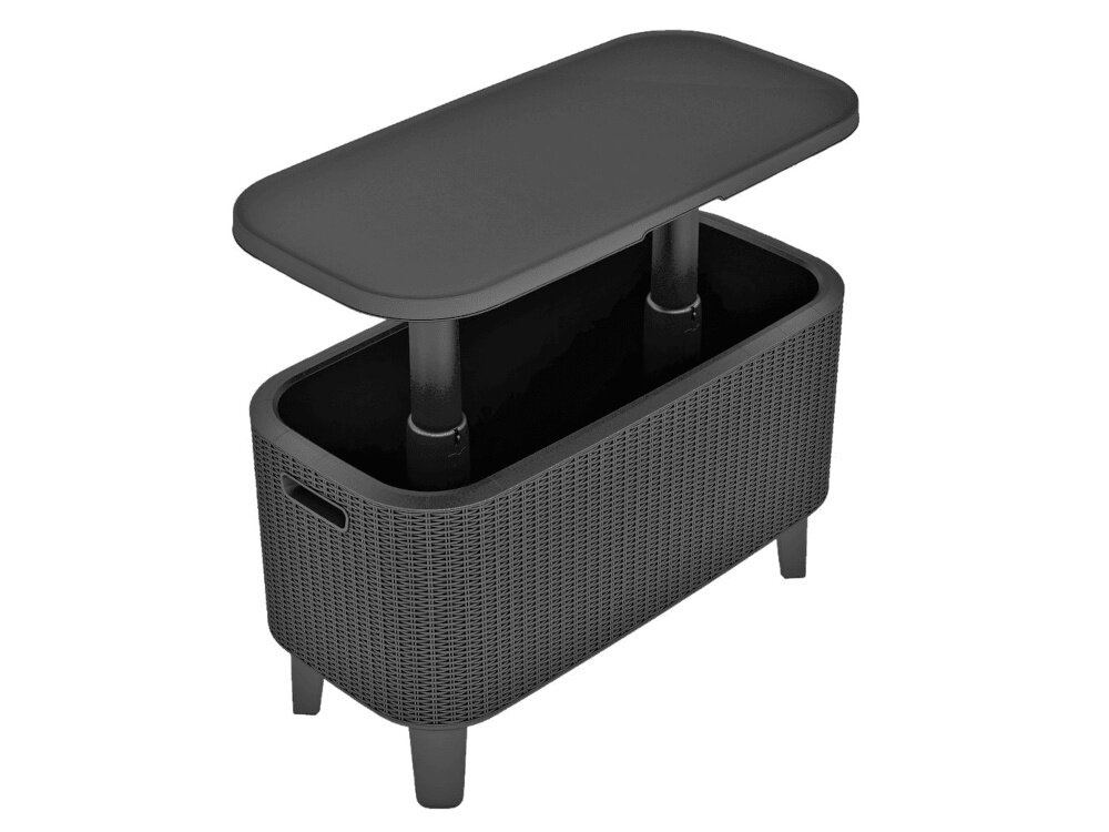 Stolik w kolorze antracytowym z podnoszonym blatem i ażurową strukturą na bokach. Posiada prostokątny kształt i cztery nogi.