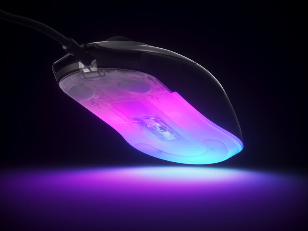 Mysz STEELSERIES Rival 3 Gen 2 cała mysz widok dołu i boku aktywne podświetlenie czas reakcji 1,35 ms błyskawiczna reakcja przewaga w grze