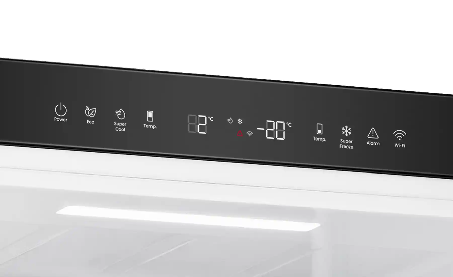 Panel sterowania lodówki z wyświetlaczem cyfrowym pokazującym temperatury 8°C i -20°C oraz ikonami: Power, Eco, Super Cool, Temp., Super Freeze, Alarm, Wi-Fi.