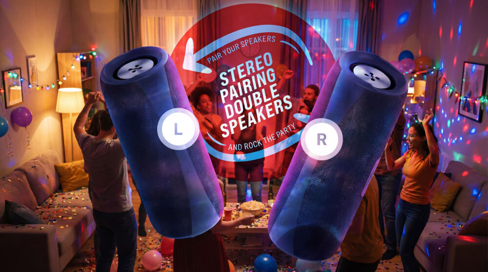 Na obrazie widać dwa głośniki z oznaczeniami \'L\' i \'R\' na tle imprezy w salonie z kolorowymi światłami. Na środku znajduje się tekst: \'PAIR YOUR SPEAKERS STEREO PAIRING DOUBLE SPEAKERS AND ROCK THE PARTY!\'.