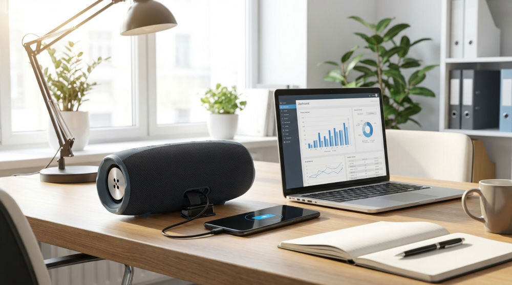 Na biurku znajduje się czarny głośnik mobilny obok otwartego laptopa z wykresami na ekranie. Obok leży smartfon z włączonym ekranem oraz notatnik z długopisem.