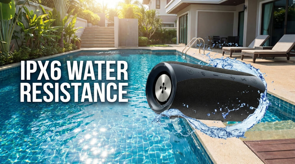 Obraz przedstawia czarny głośnik mobilny unoszący się nad basenem, z widocznymi kroplami wody. Na obrazie znajduje się tekst: \'IPX6 WATER RESISTANCE\'.