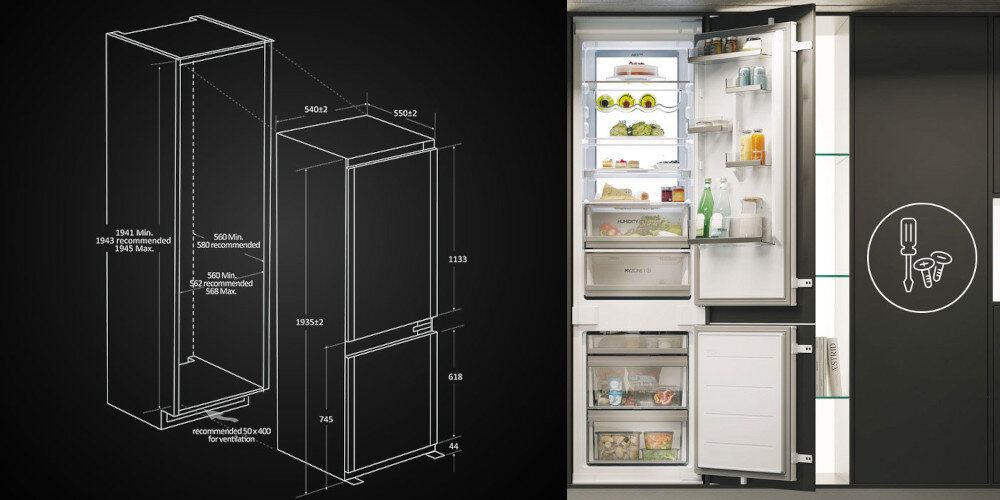 Po lewej stronie widoczny jest schemat lodówki z wymiarami, a po prawej otwarta lodówka z widocznymi półkami i produktami spożywczymi. Na drzwiach lodówki znajduje się symbol sztućców i kluczy.