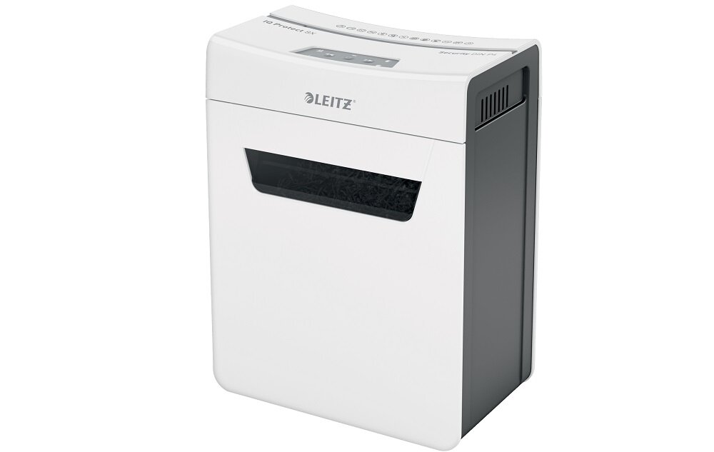 Biała niszczarka z czarnym panelem na przodzie i logo LEITZ na górze. Urządzenie ma prostokątny kształt z zaokrąglonymi krawędziami.