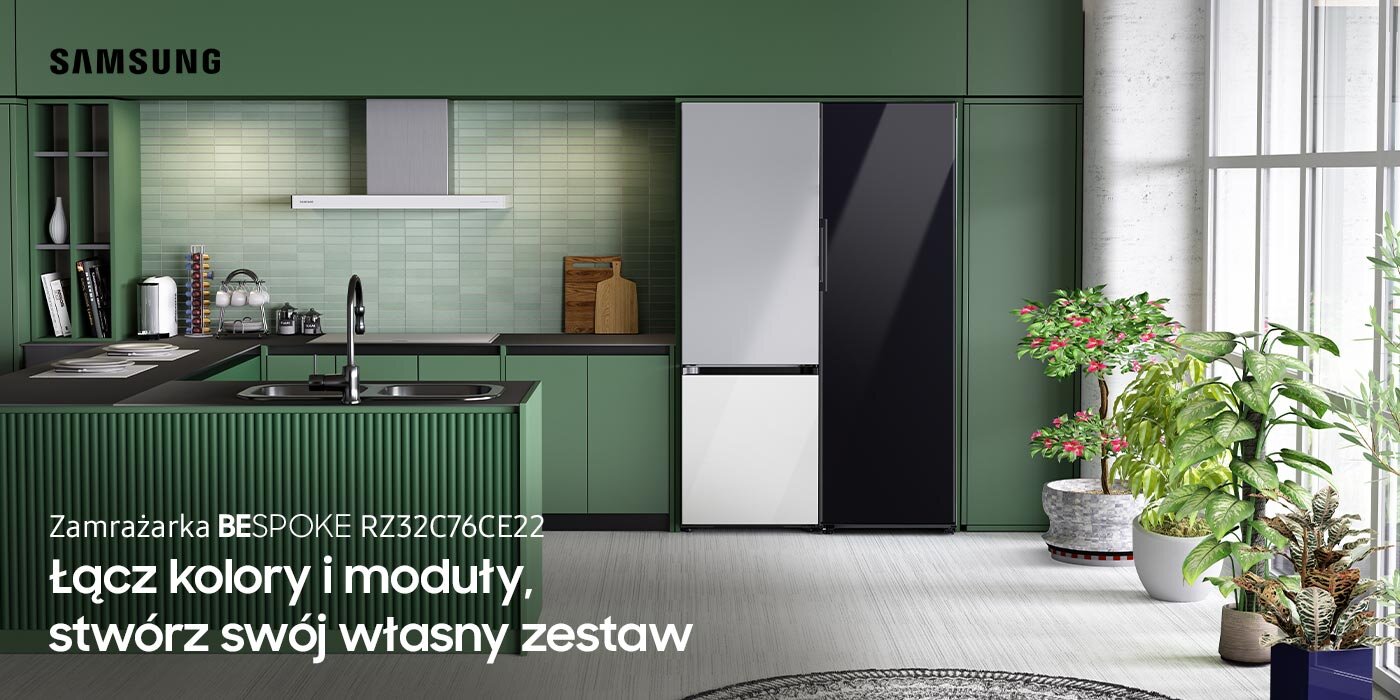Zamrażarka Samsung Bespoke RZ32C76CE22 z oferty Media Expert wstawiona do nowoczesnego aneksu kuchennego Zamrażarka Samsung Bespoke RZ32C76CE22 z oferty Media Expert wstawiona do nowoczesnego aneksu kuchennego