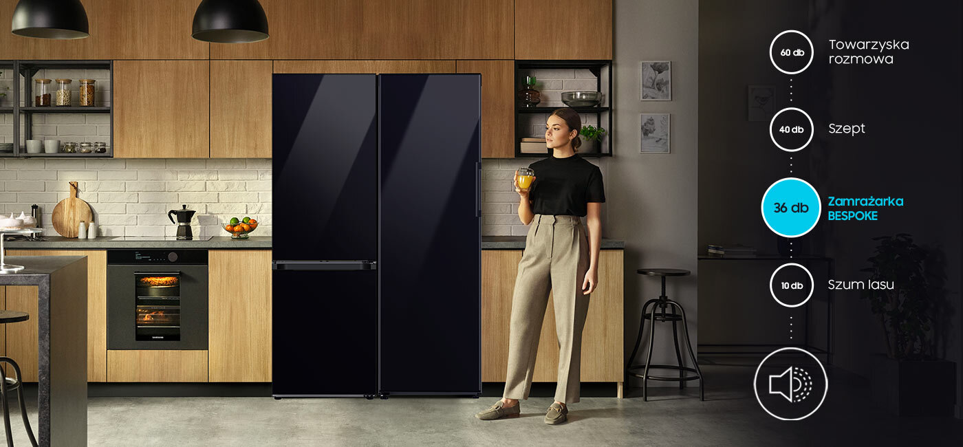 Porównanie dźwięku wydawanego przez zamrażarkę Bespoke z innymi odgłosami Porównanie dźwięku wydawanego przez zamrażarkę Bespoke z innymi odgłosami