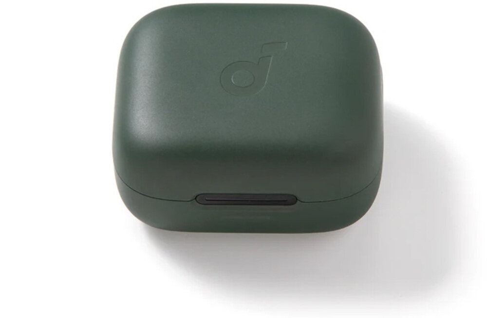 Zielone etui na słuchawki z widocznym logo w kształcie stylizowanej litery \'d\'.